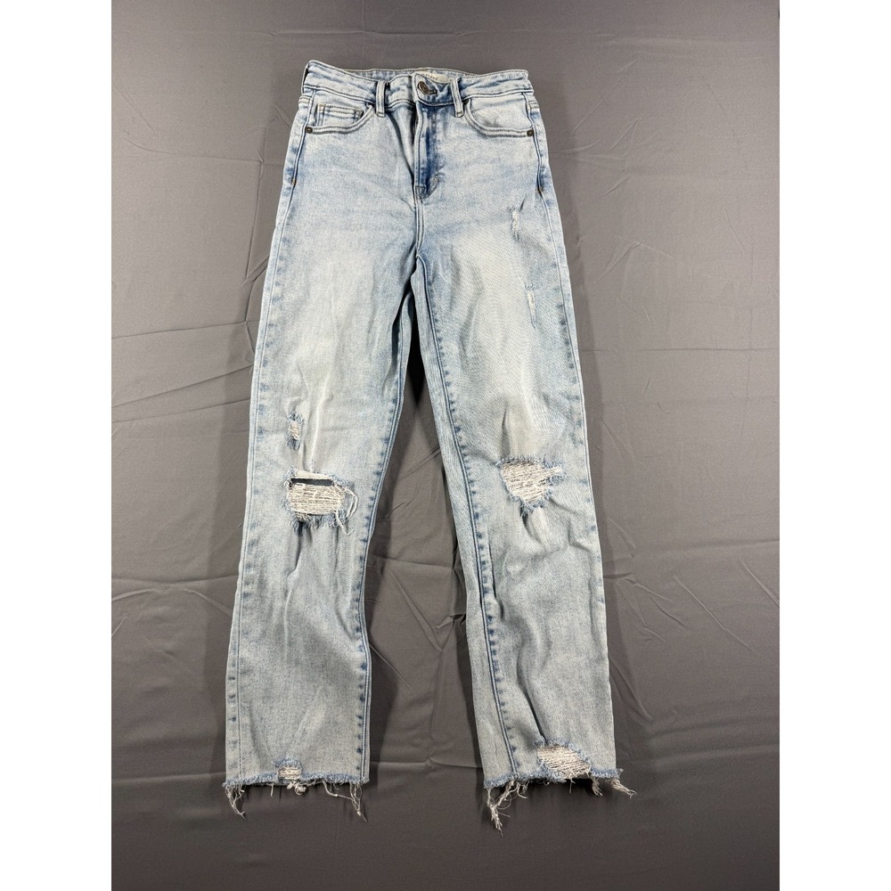 Hidden Jeans Womens 25 High Rise Distressed Straight Jeans Light Wash Raw Hem
